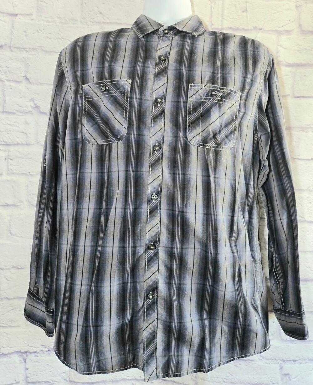 Michael Brandon Gray Blue Stripe Button Up Roll Tab Sleeves Men's Shirt Medium